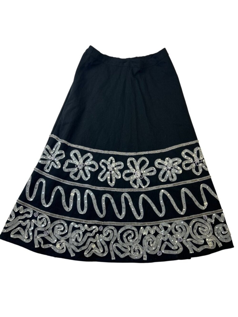 Faith Resort Wear Sz M Black Linen Midi Skirt A-Line Embellished Boho Coastal
